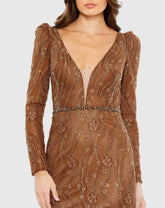 Brown Embellished Long Sleeve Plunge Trumpet Gown - FINAL SALE